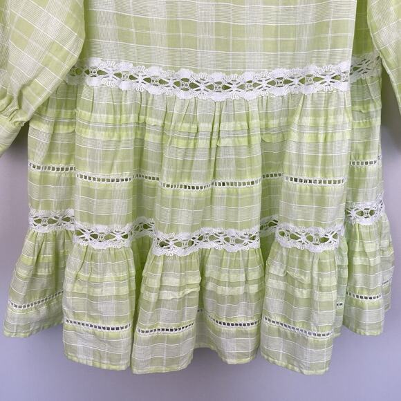 Free People Time Out Tunic Top Size S Lime Green Plaid Crochet Lace Boho Prairie - Picture 9 of 10